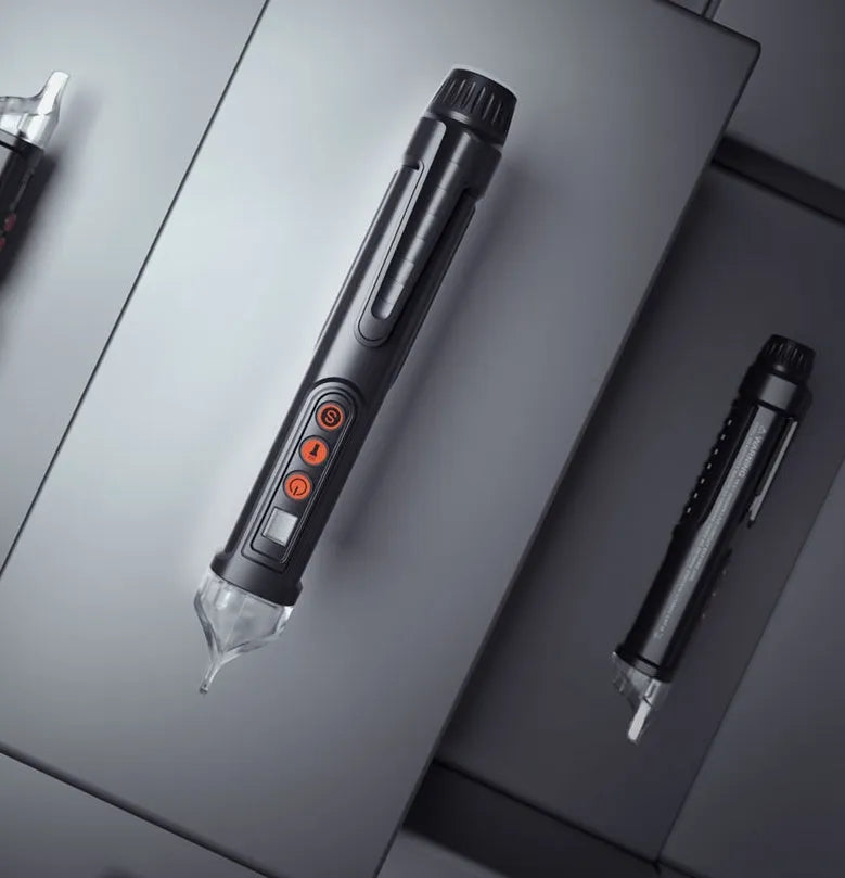 Black intelligent electrical test pen with automatic shut-off feature for voltage and line detection
