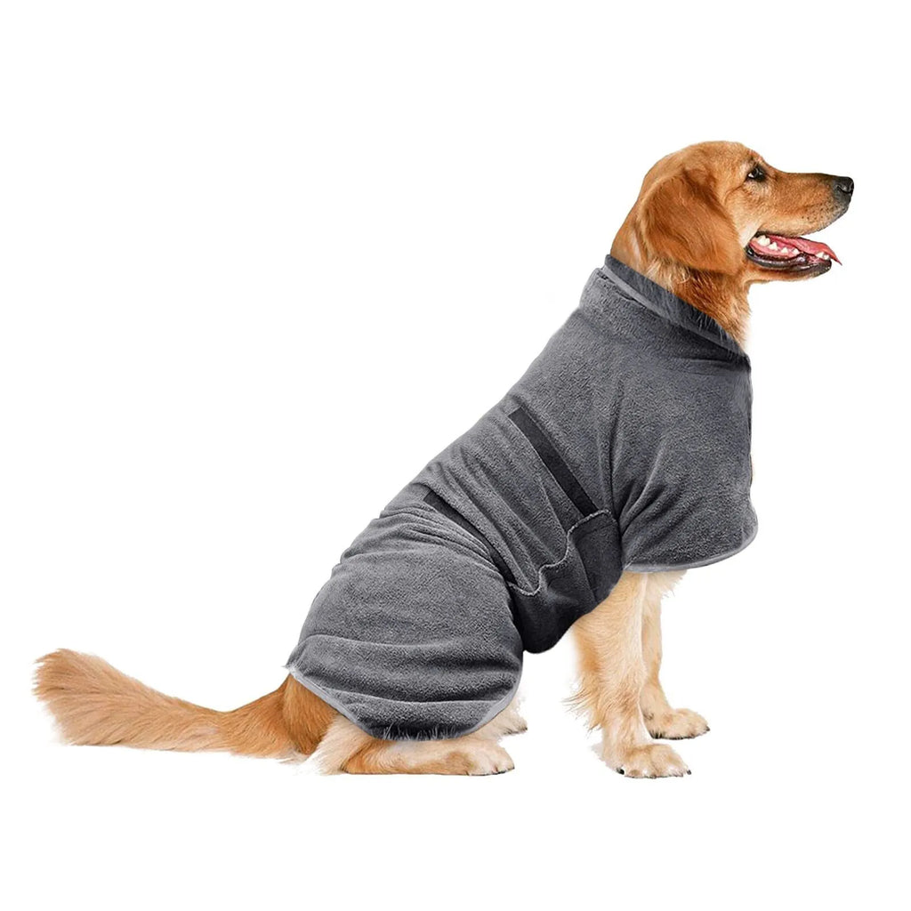 Grey nylon pet drying robe with tie closures for dogs and cats shown in size medium