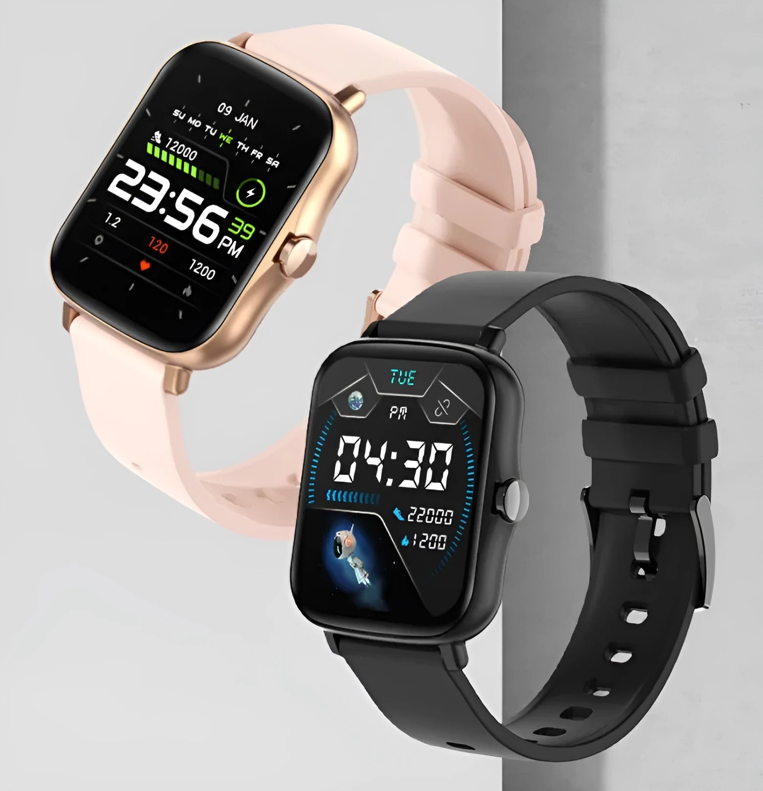 Black smart watch with 1.7-inch colour touch screen on an adjustable strap, showing fitness data interface.