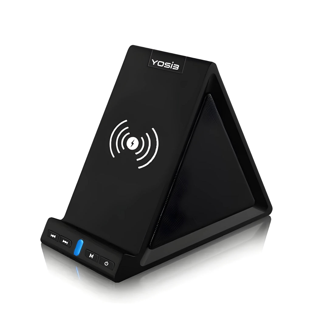 Black Bluetooth speaker with built-in stand holding a mobile phone on a desk.