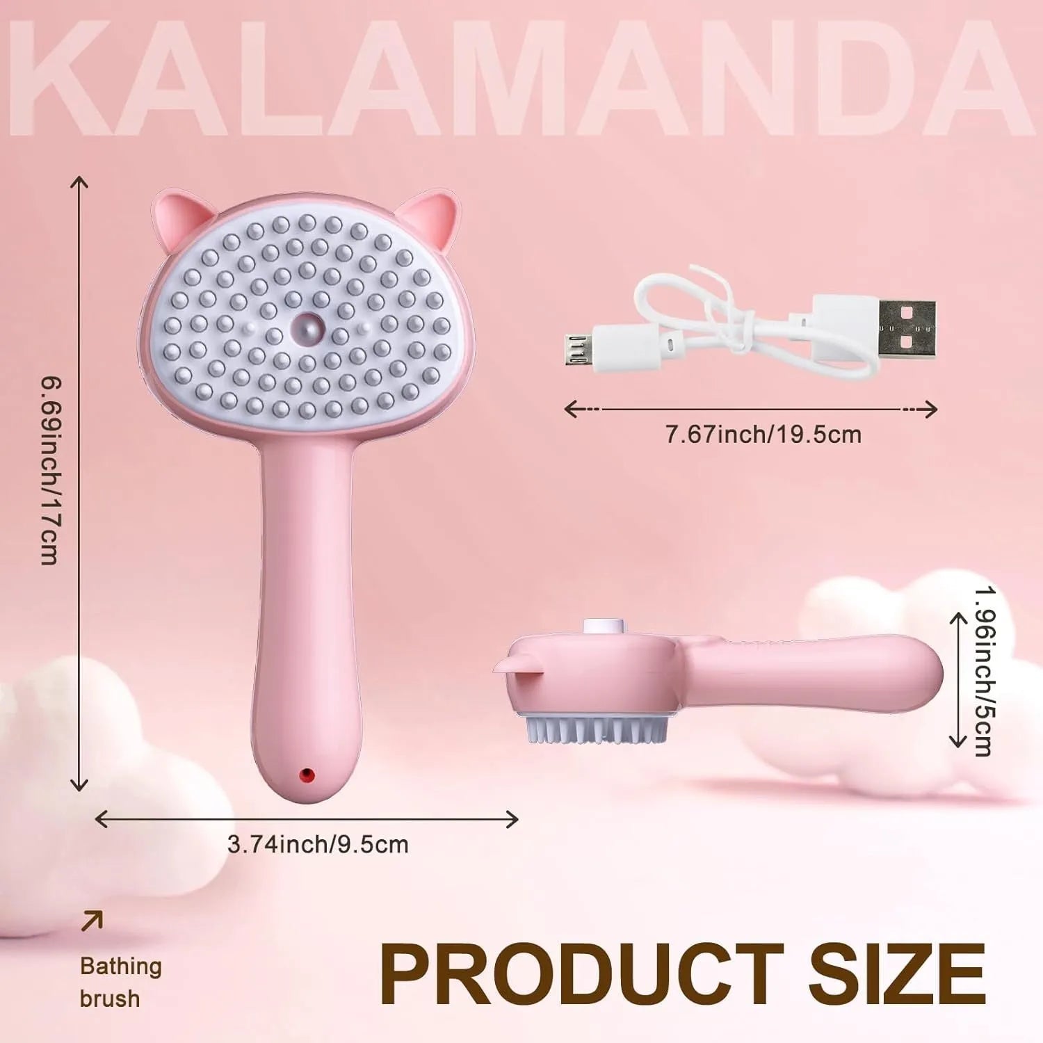 Cat ear-shaped steam grooming brush with blue handle and rubber bristles for pet hair removal