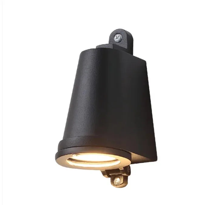 Industrial-style cast aluminum horseshoe wall lamp for outdoor use in sand black finish.