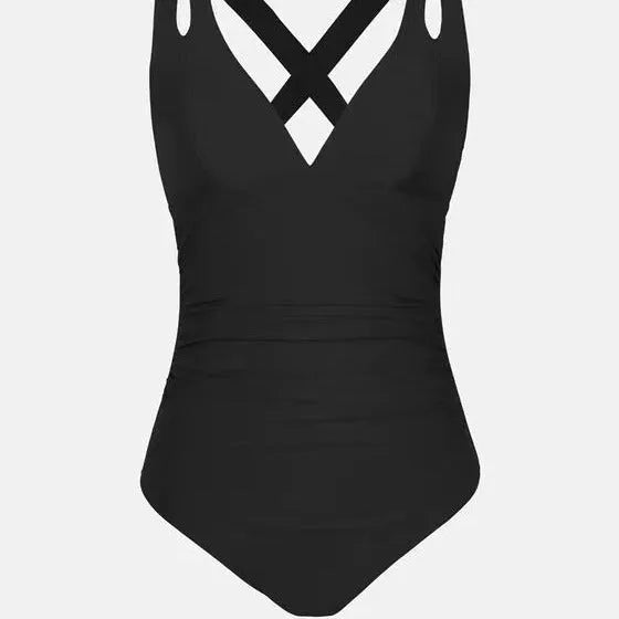 Women's solid colour one-piece swimsuit with triangle top and cross-back straps