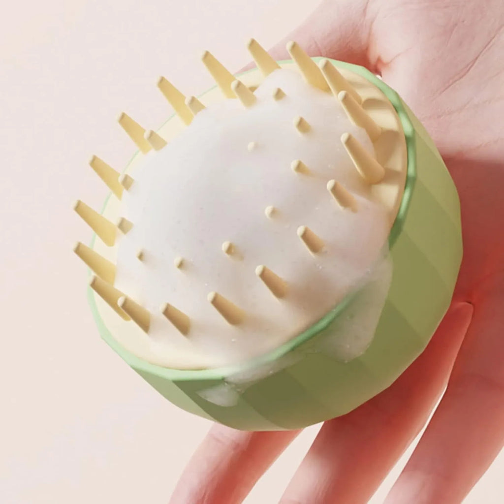 Green double-sided pet shampoo massage brush with drain holes for cat and dog washing