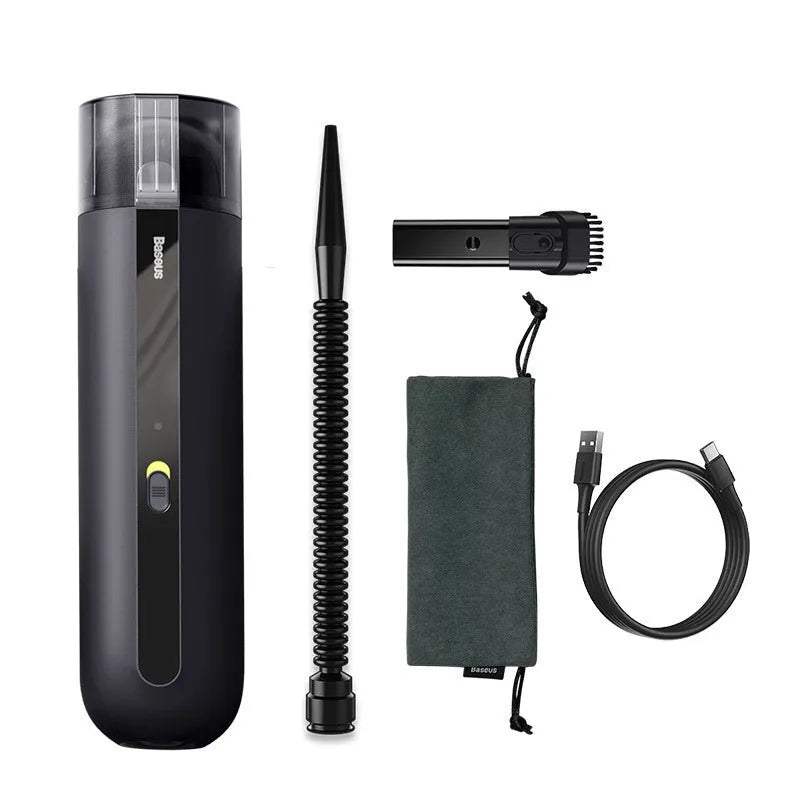 Baseus handheld cordless car vacuum cleaner with blowing hose, shown in black next to its 60ml dust cup.