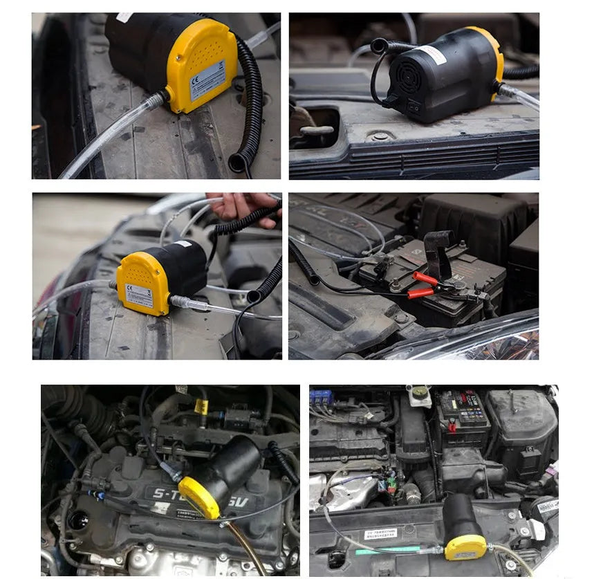 Yellow 12V electric self-priming pump with 2.5m battery clamps and hose set for diesel or oil transfer