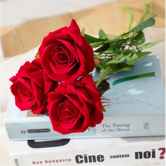 Artificial red silk rose bouquet 48cm for home decoration with flower head diameter 7cm