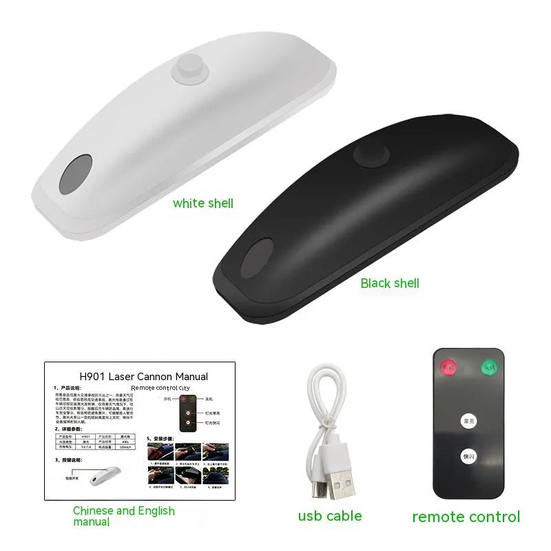 Black vehicle-mounted laser lamp with remote control and USB charging cable on a car dashboard.