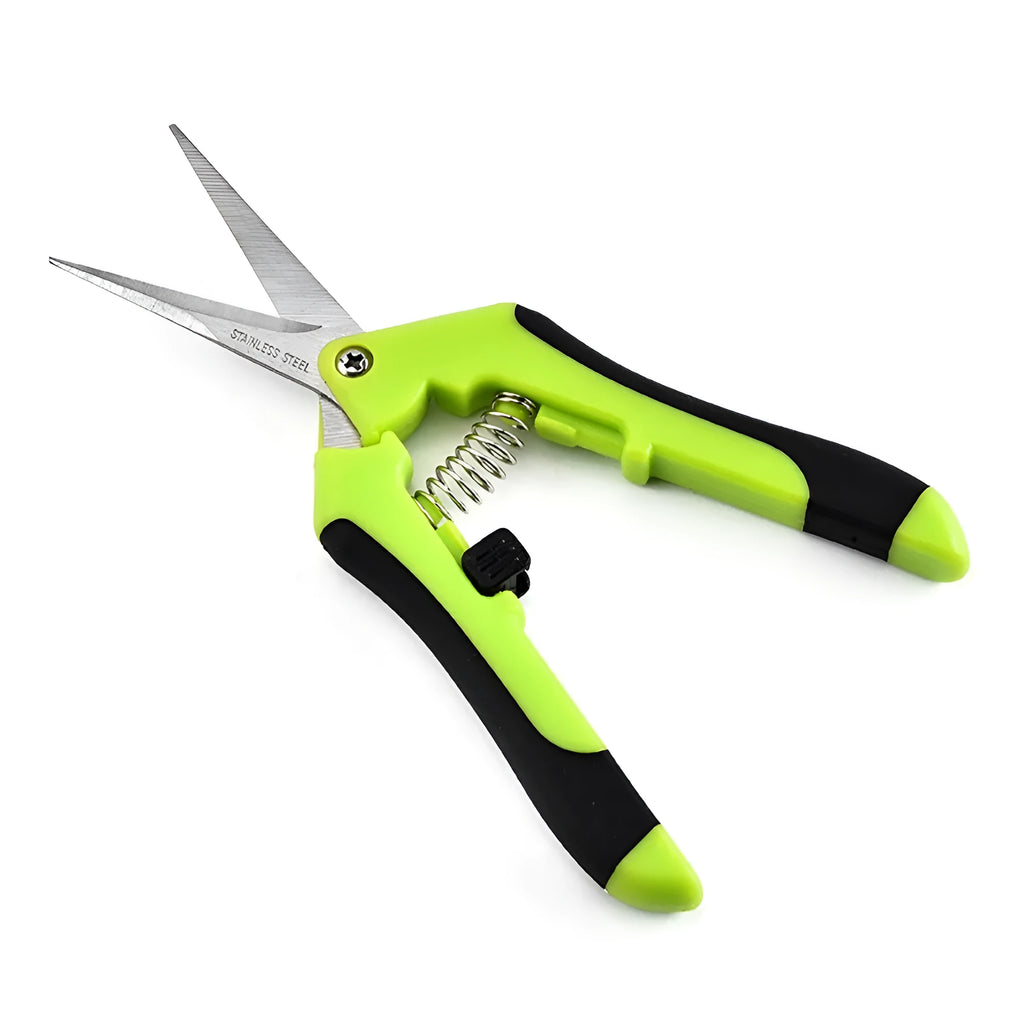 Green-handled stainless steel garden pruning scissors 16.5cm for trimming flower stems and branches