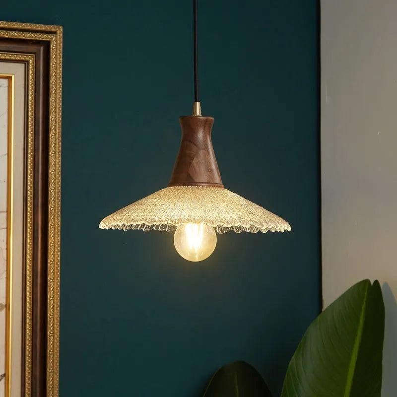 Retro brass and glass chandelier with solid wood body in three size options