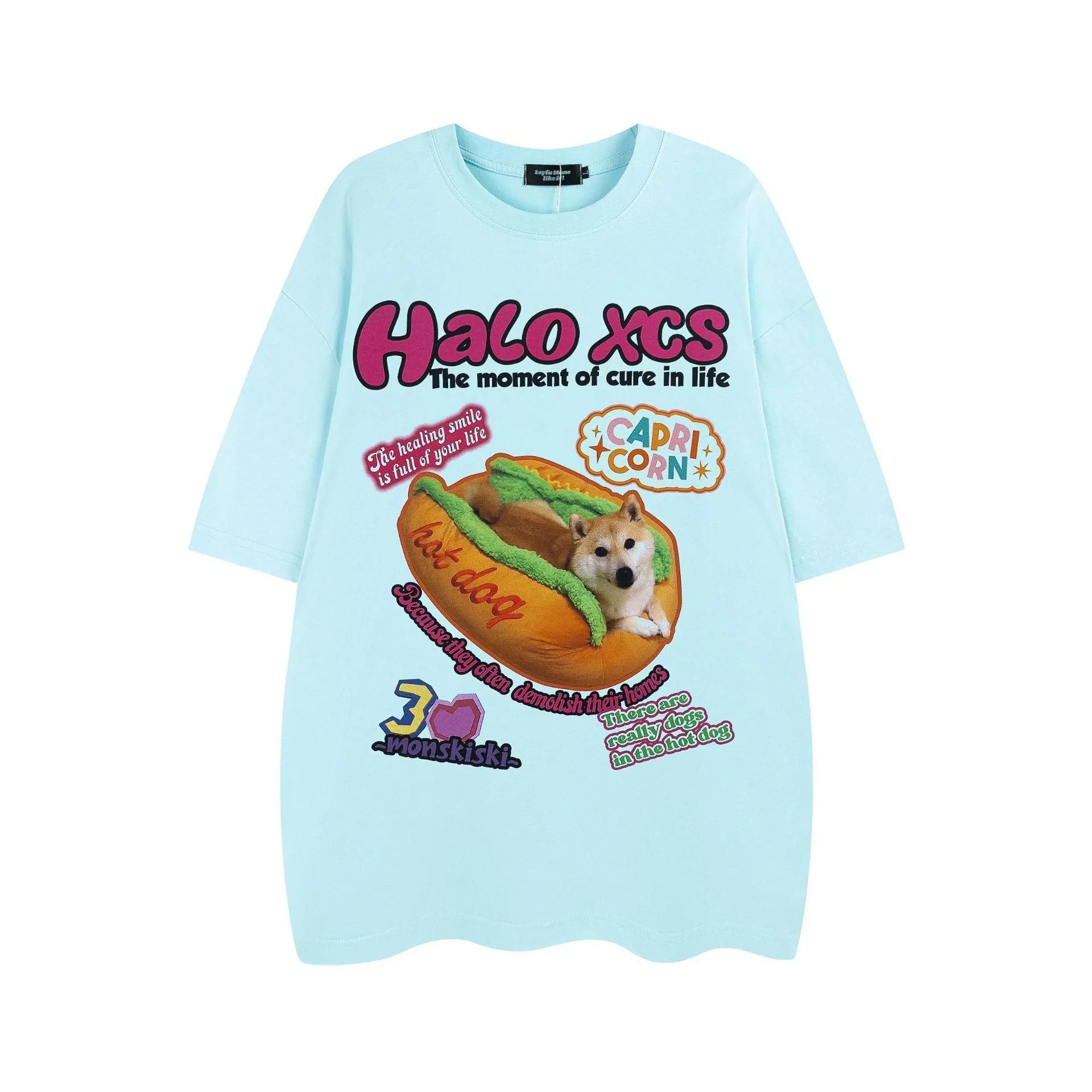 Cartoon hamburger dog printed loose fit cotton T-shirt in white, apricot, or sky blue.