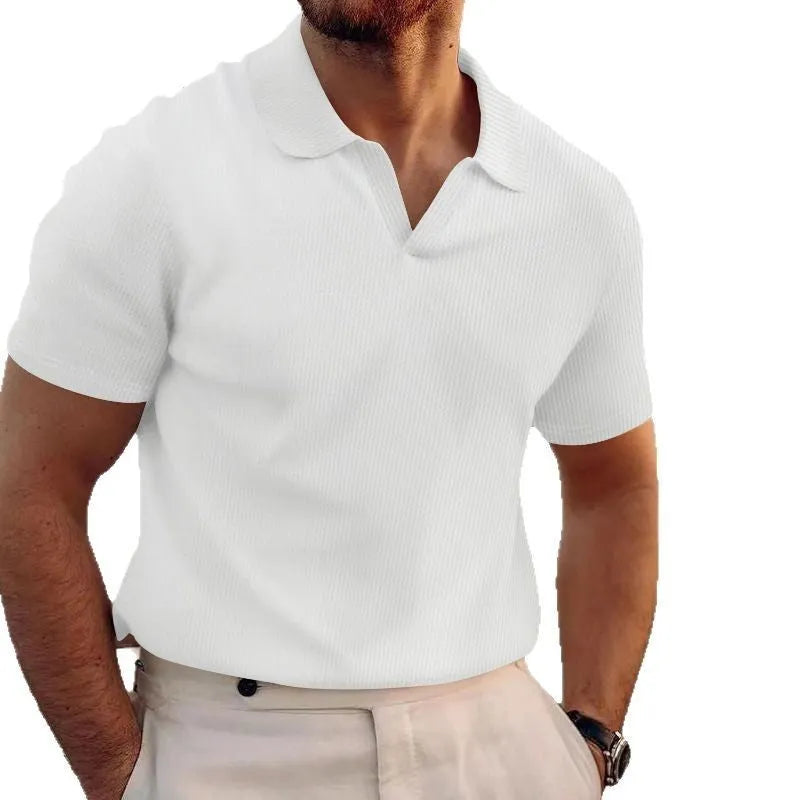 Men's slim-fit lapels T-shirt with heavy waffle knit texture in solid colour.