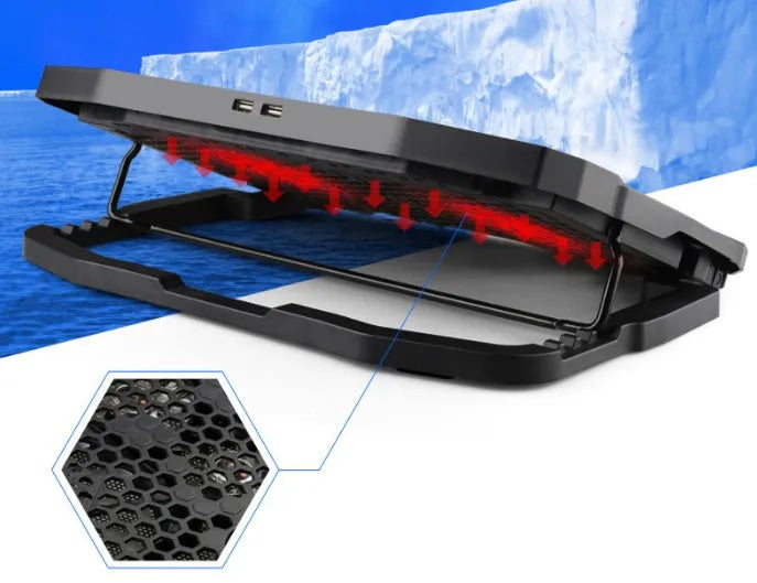 Black universal laptop cooling stand with heat sink plate, copper heat pipes and dual USB fans