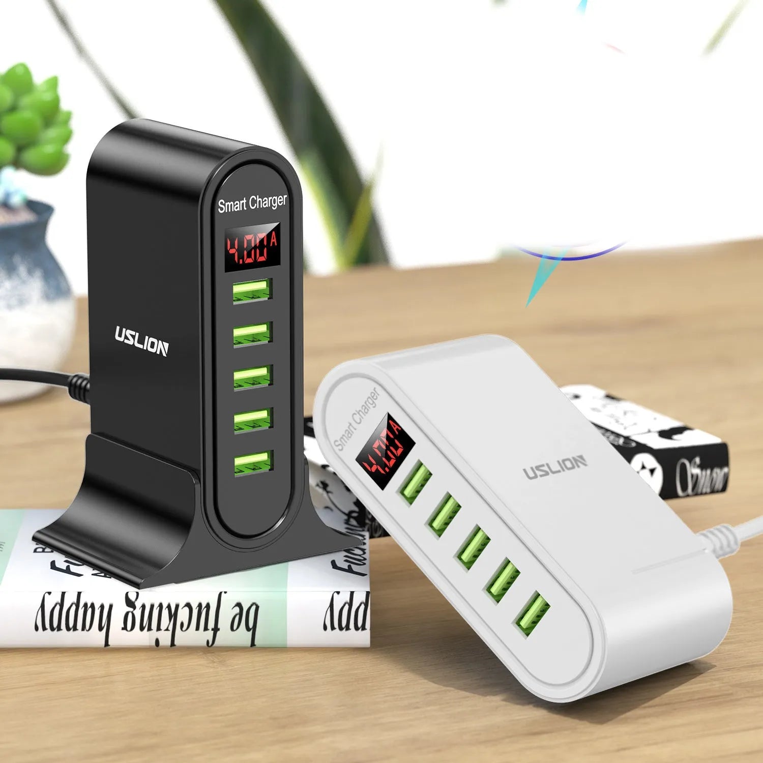 Smart LED Digital Display USB Charger in black or white with UK, EU, US plug options.