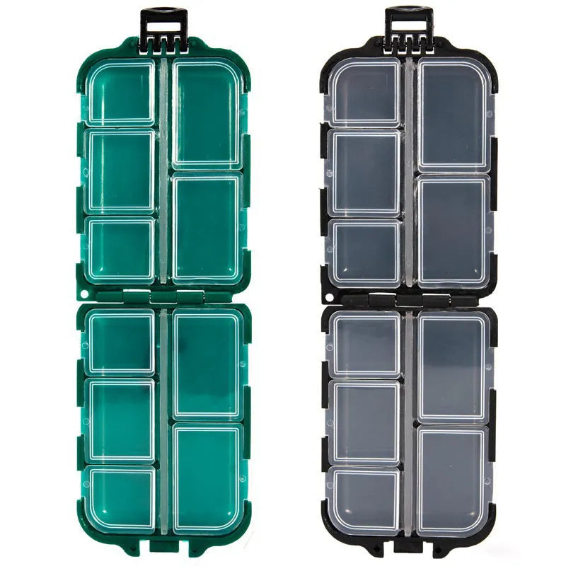 Black plastic fishing tackle box with 10 internal compartments for small hooks and gear.