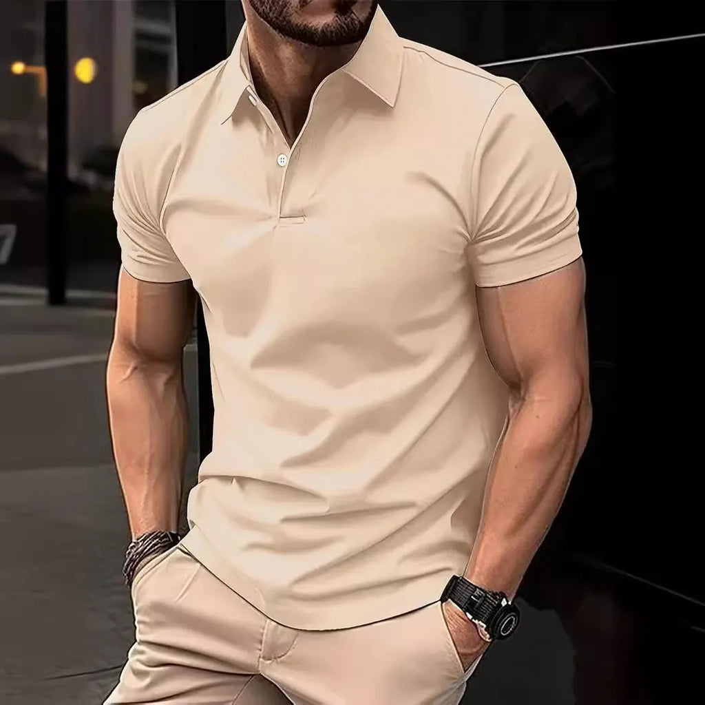 Men's slim fit button-up short sleeve shirt in a solid colour on a hanger.