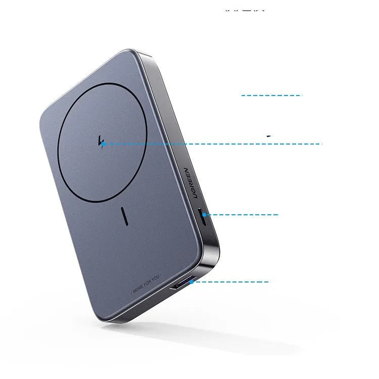 Small black portable magnetic bracket power bank with 10000mAh capacity on a table.