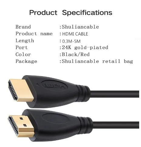 Gold-plated male to male HDMI cable in various lengths from 0.3 to 5 metres for HDTV and gaming.