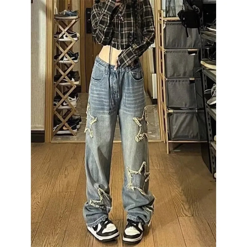 Blue high-waisted wide-leg denim trousers with straight cut in cotton fabric