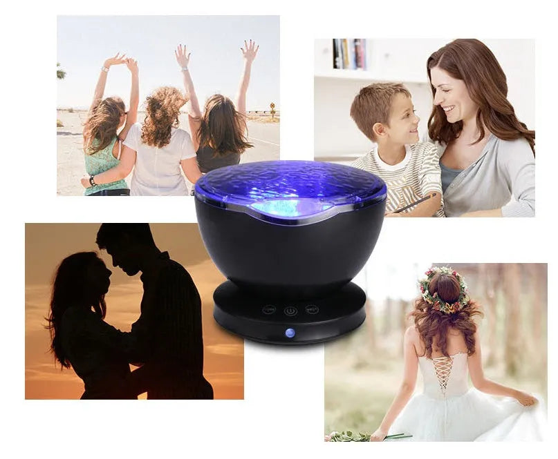 White and blue ocean wave projector LED night light with remote control, measuring 13x12x12 cm