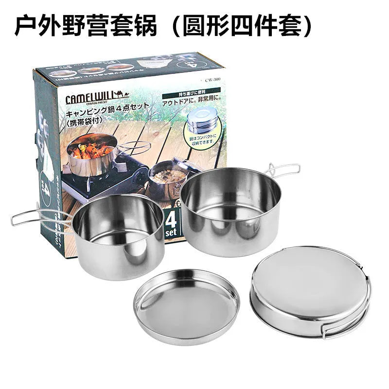 Silver stainless steel camping cookware set with 4 round pots for 2-3 person outdoor cooking