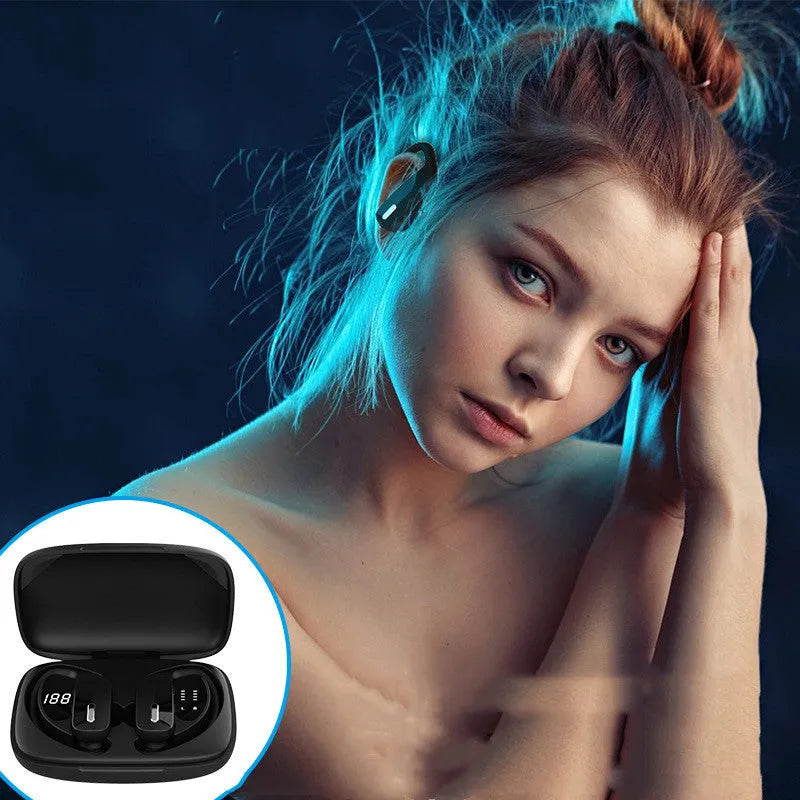 Black wireless Bluetooth headset with LED digital display showing battery and connection status