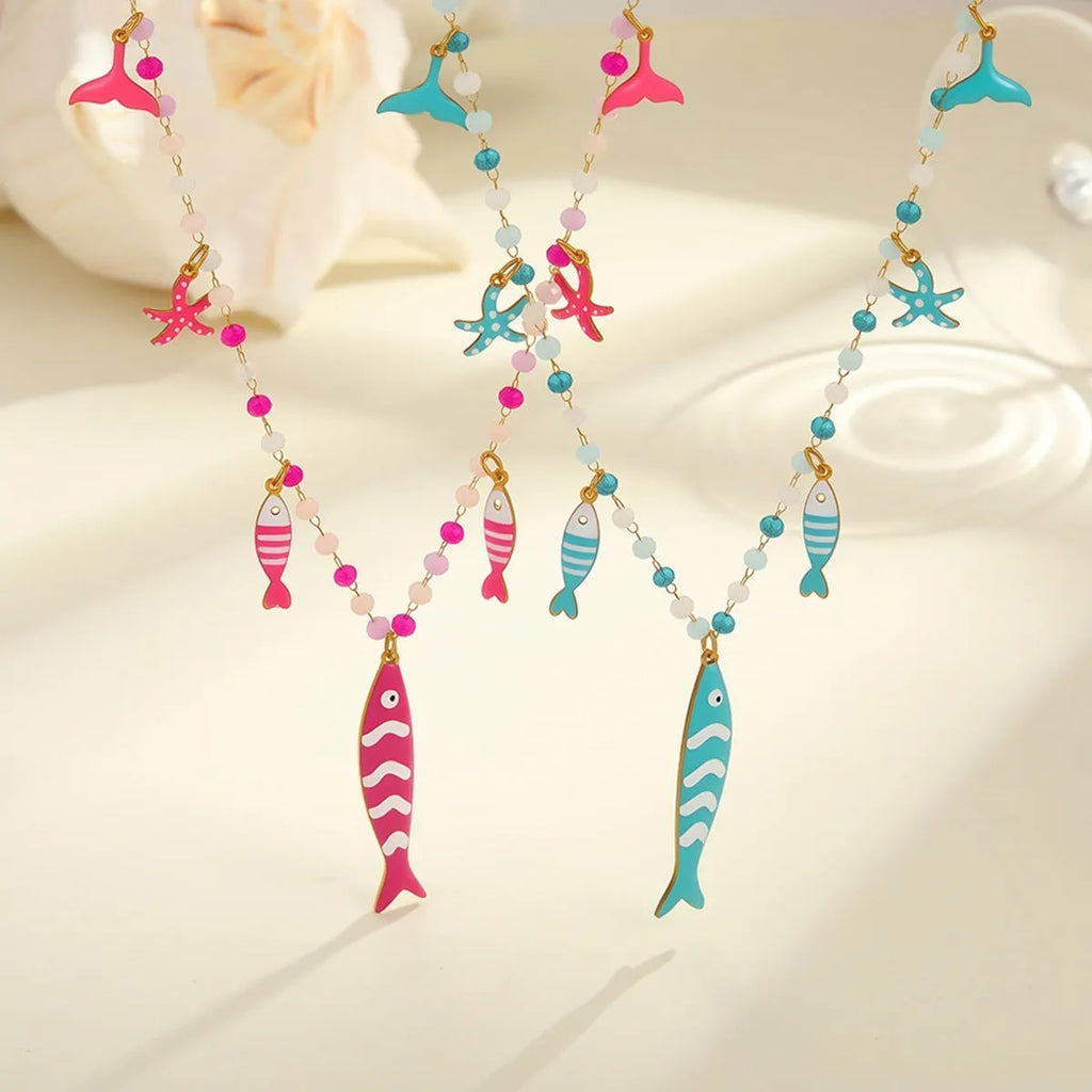 Stainless steel fish pendant necklace with colourful beads, 18K electroplated, pink or blue, 41-50cm chain