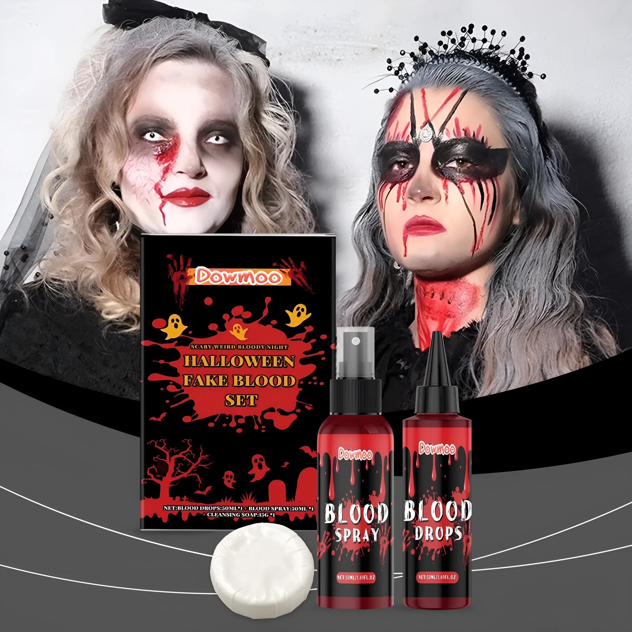3-piece horror special effects makeup set with fake blood drops, spray, and cleansing soap.
