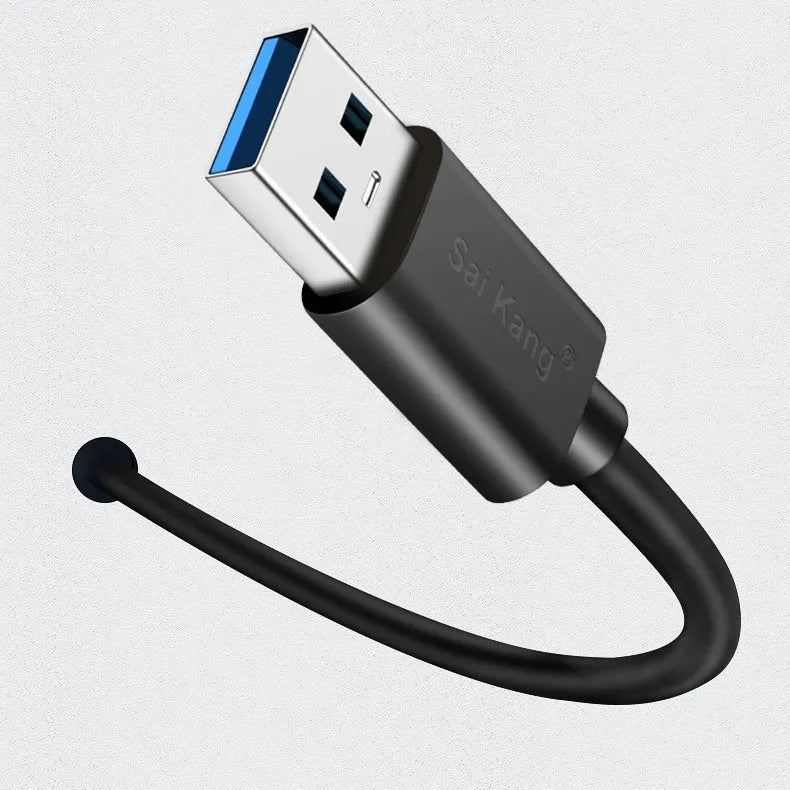 Black USB-A male to female extension cable showing connector details and available in multiple lengths.