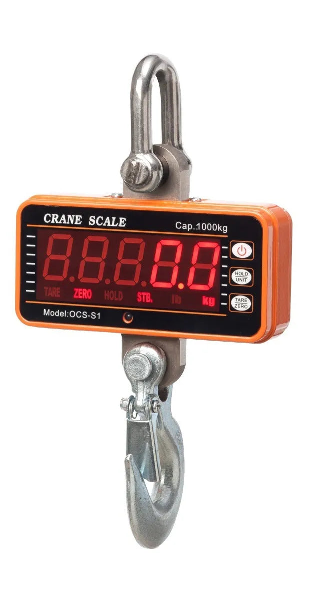 Orange electronic crane scale for industrial weighing with digital display and 500kg capacity