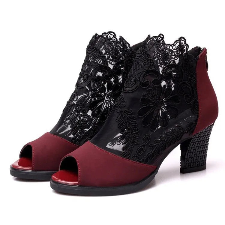 Women's black lace gladiator sandals with square high heels and peep toe design