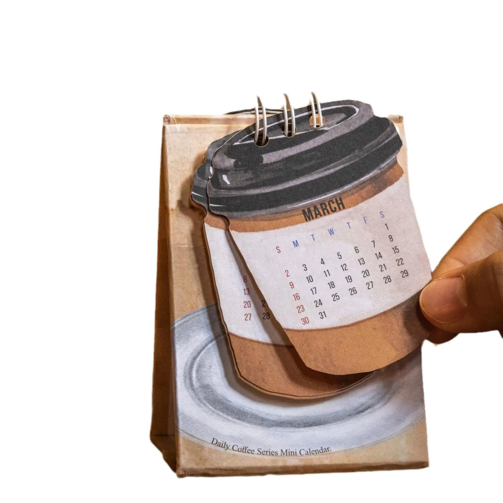 2025 mini desk calendar set showing four different paper calendar designs including Coffee Time theme