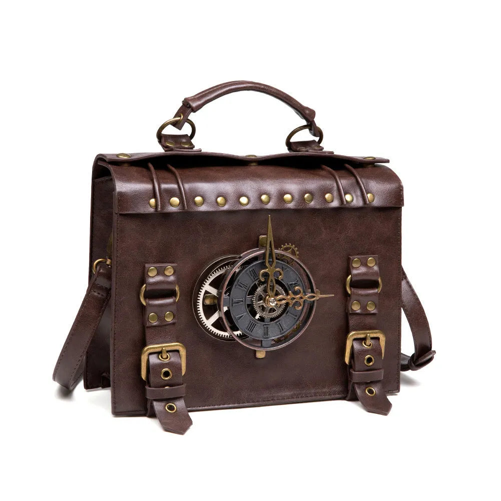 Bronze steampunk industrial retro shoulder bag with metal accents and pillow shape