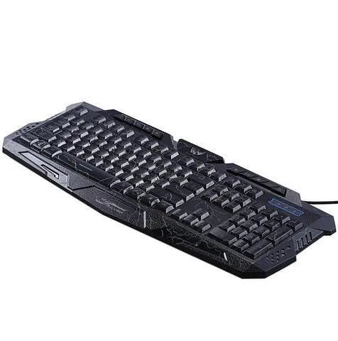 Black backlit gaming keyboard with blue LED glow, 49cm x 19cm, USB wired, adjustable stand