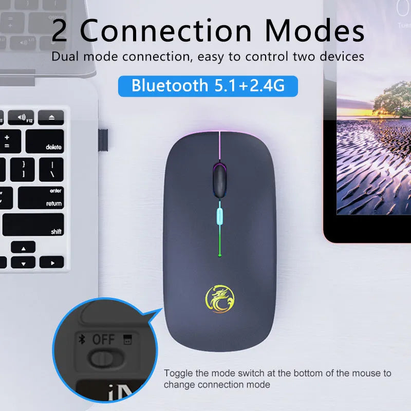 Black or white dual-mode wireless mouse with silent buttons and luminous charging indicator