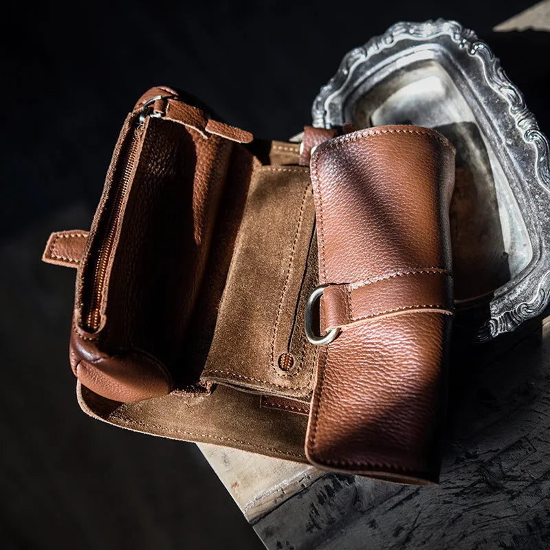 Handmade cow leather wallet in black or dark brown with tape extraction closure