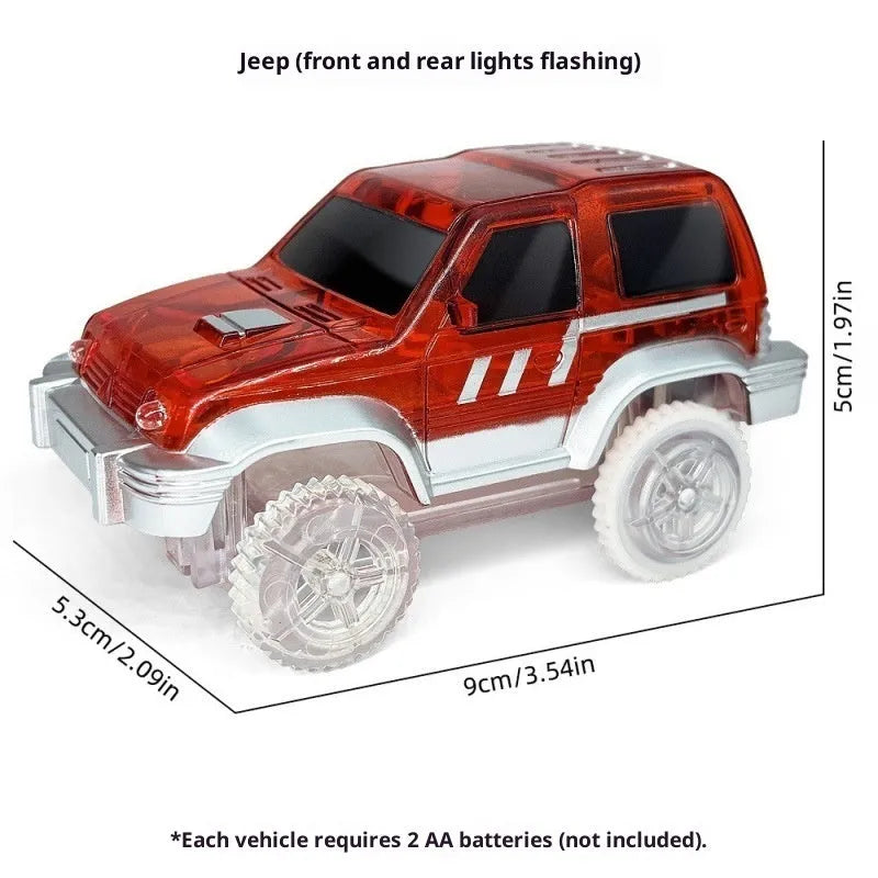 Red electric fire truck rail car with front and rear lights on toy track