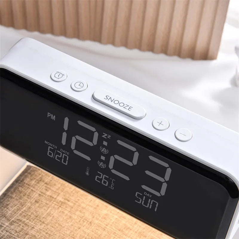 White 3-in-1 bedside lamp with wireless charging pad, LCD clock screen, and touch dimming controls