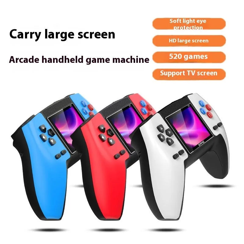 Double handle retro TV game console in blue with AV and USB cables on a white background