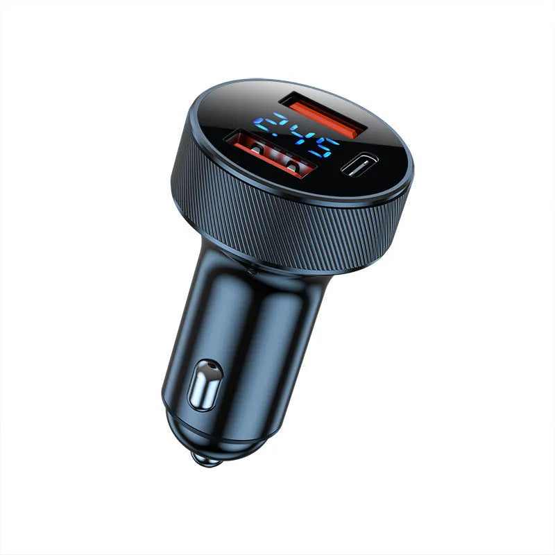 Black aluminium alloy car charger with digital display and three cigarette lighter ports.