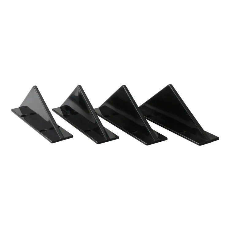 Set of four universal triangle car rear spoilers in ABS plastic, shown in bright black and carbon fibre finishes.