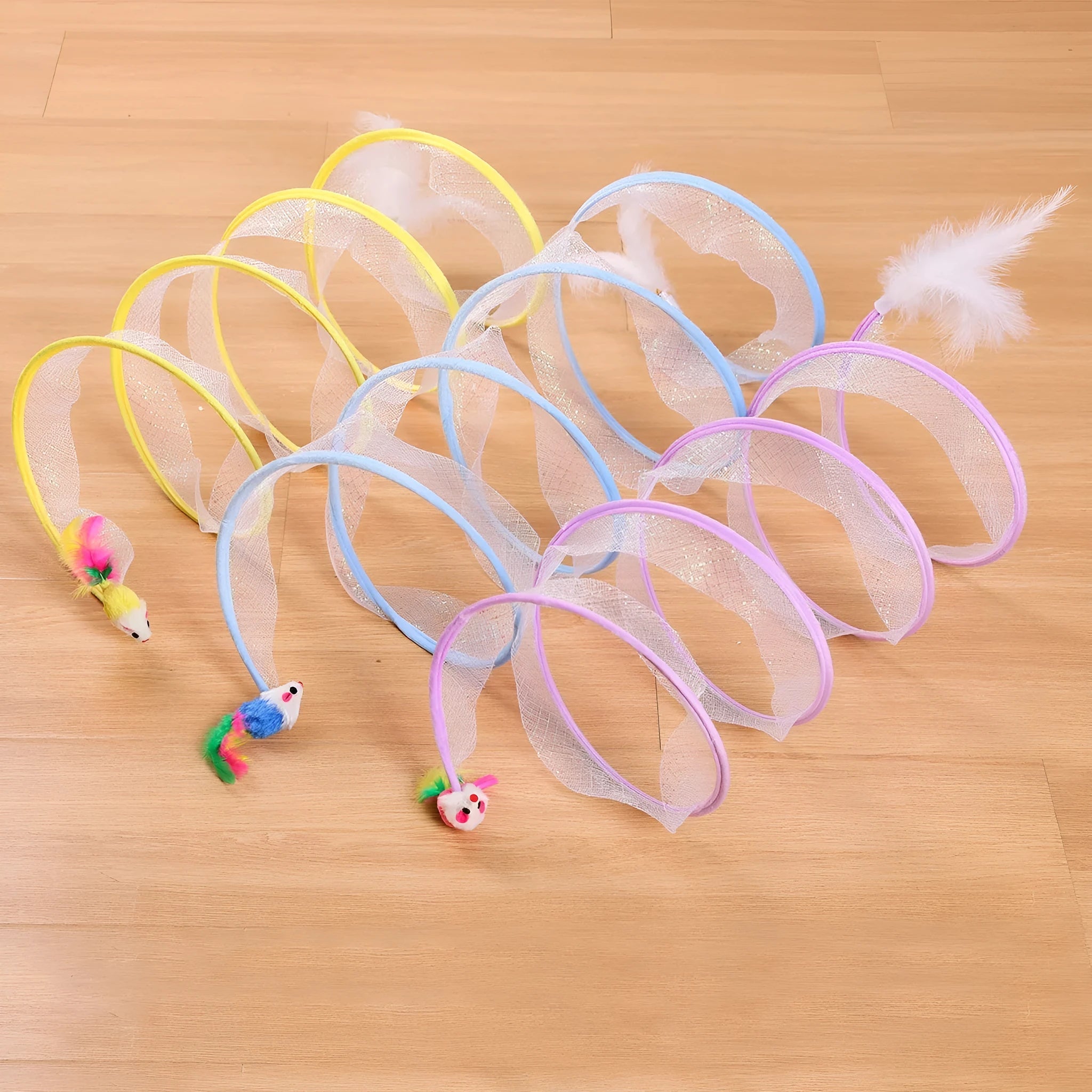 S-type cat tunnel toy with steel wire frame, elastic net mesh walls and feather attachments