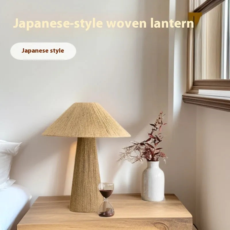 Japanese-style hand-woven bamboo hat table lamp with 38cm rope shade on wooden surface