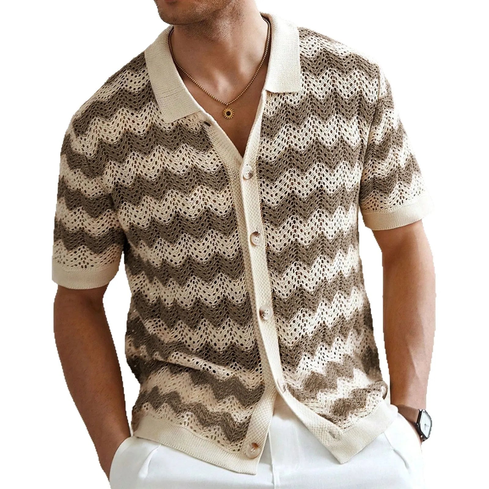 Yellow short sleeve sweater with a textured hollow jacquard corrugated pattern and flocking detail.