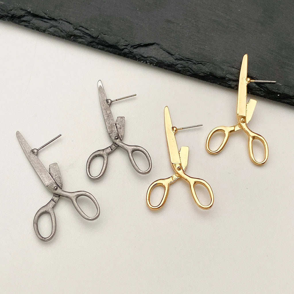 Creative fashion jewellery retro scissors ear studs in alloy with electroplated finish, KC gold or ancient tin colour