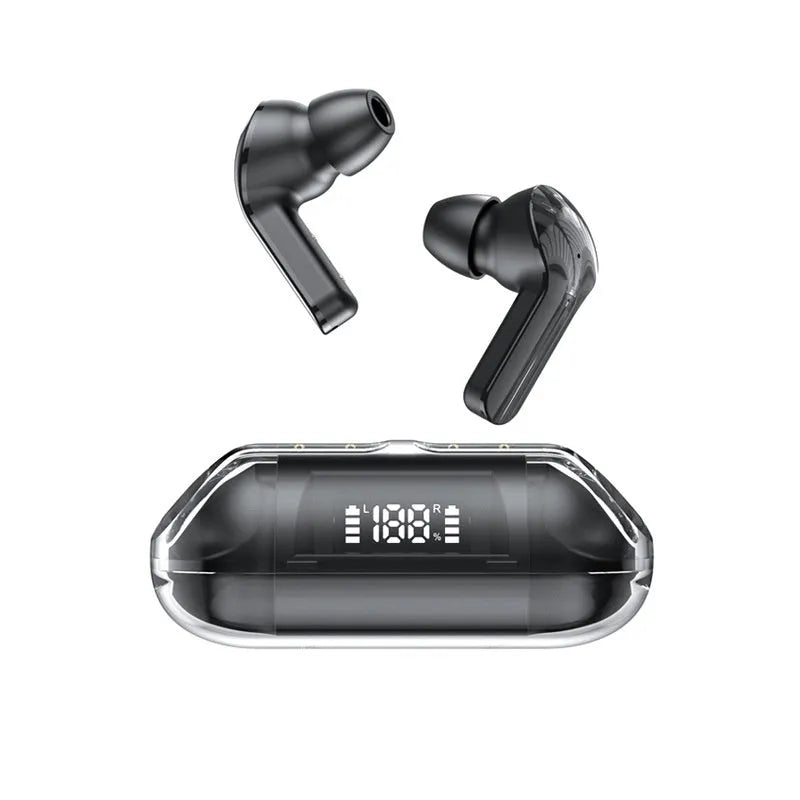 Transparent wireless Bluetooth headset and charging case with digital LED display