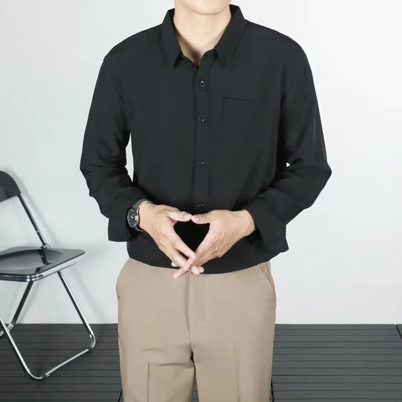Korean-style loose long-sleeved men's linen-silk shirt in solid colour with wrinkle-free finish
