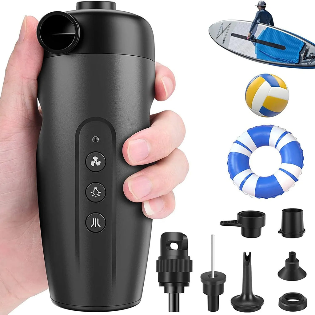 Black wireless portable air pump with LED lighting functions and compact design