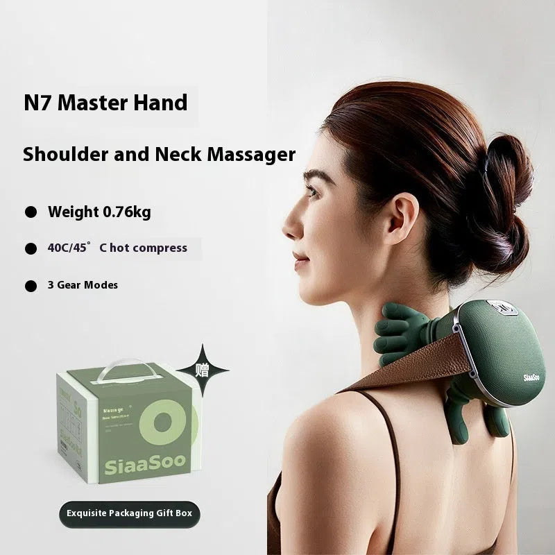N7 moss green hand-held massager for shoulder, cervical, and oblique muscles, USB powered with charging cable