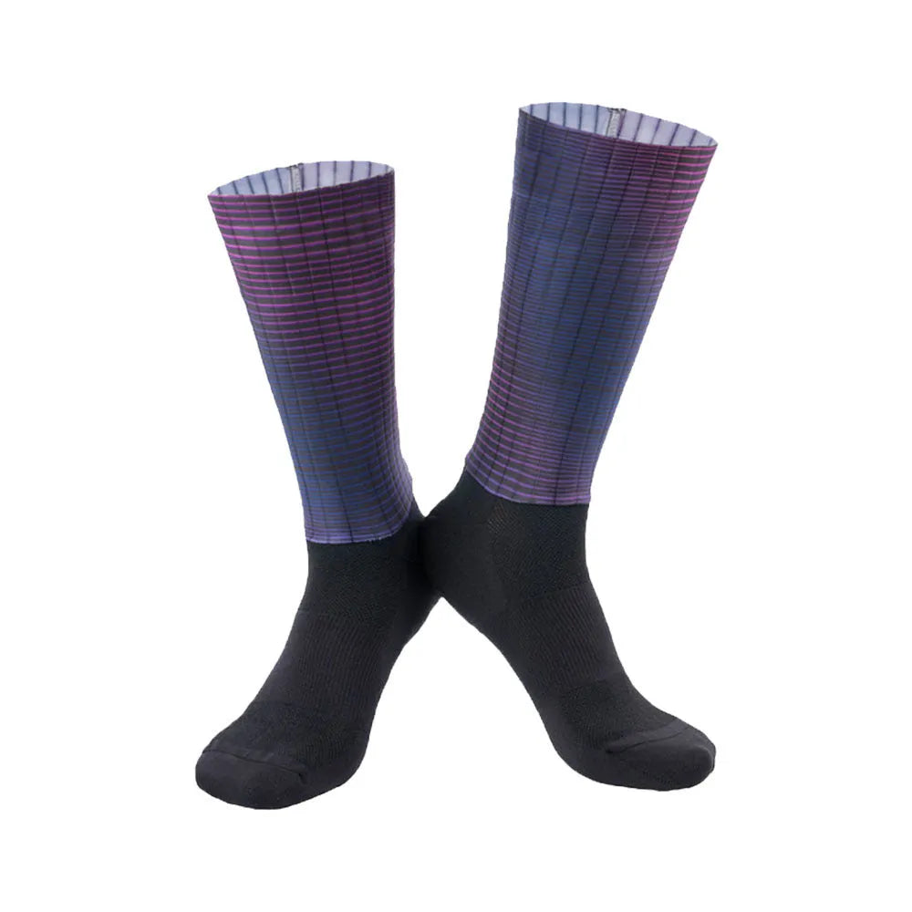 Pair of athletic socks for cycling and running in a chemical fibre blend, shown in one of six available colours.